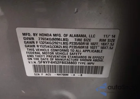 2015 Honda Pilot Ex-L from USA, damaged, VIN 5FNYF4H52FB038803